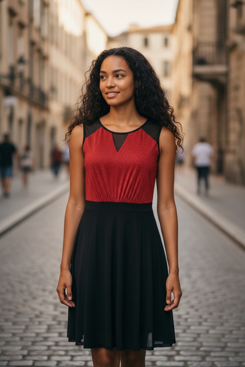Sleeveless Round Neck Petite Red And Black Dress