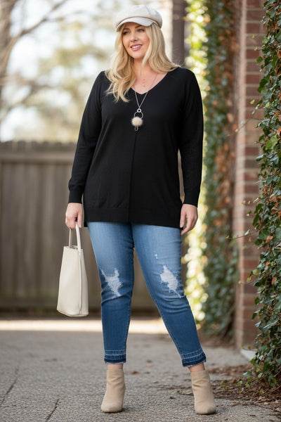 Plus Size V Neck 3/4 Sleeve Side Slit Sweater