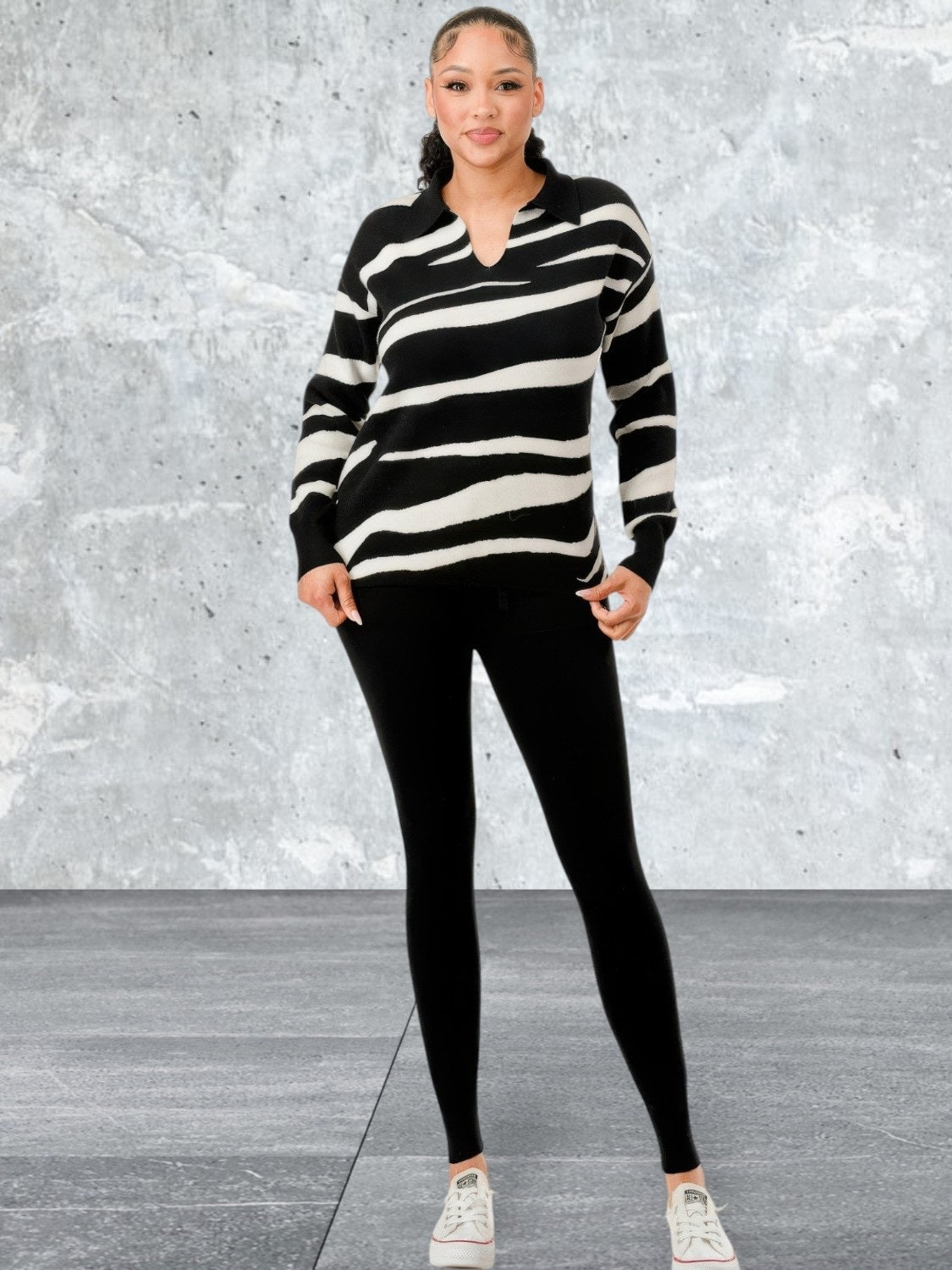 Pullover Collared V-neck Sweater Top And Pant Set
