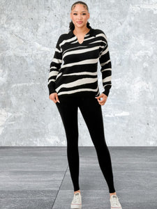Pullover Collared V-neck Sweater Top And Pant Set