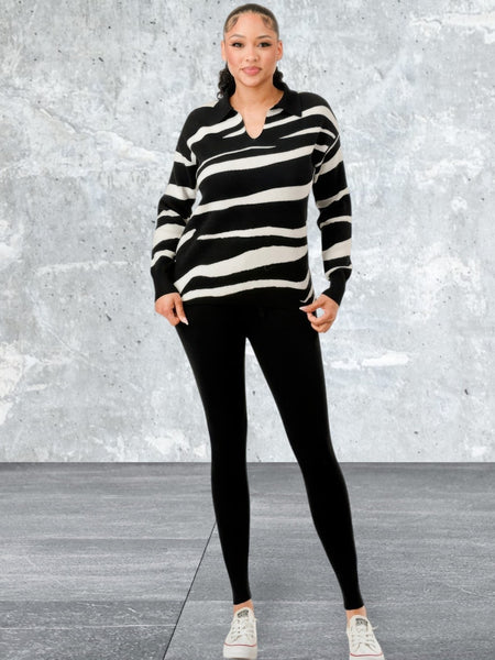 Pullover Collared V-neck Sweater Top And Pant Set