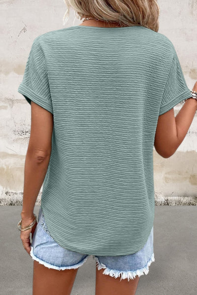 Wide Sleeve Khaki Textured V Neck Top
