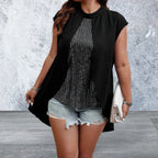 Plus Size Asymmetrical Hem Sparkly Patchwork Top