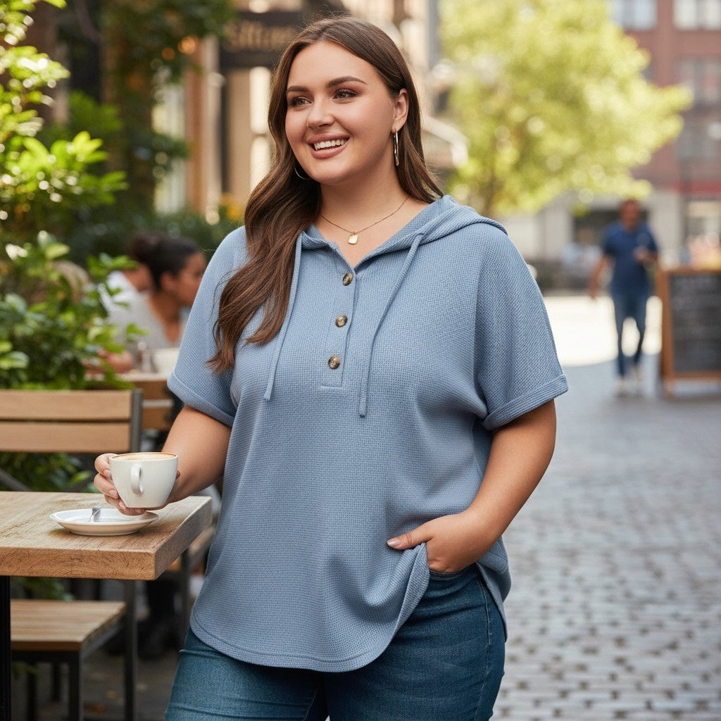 Plus Size Waffle Knit Short Sleeve Drawstring Hoodie Top