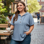 Plus Size Waffle Knit Short Sleeve Drawstring Hoodie Top