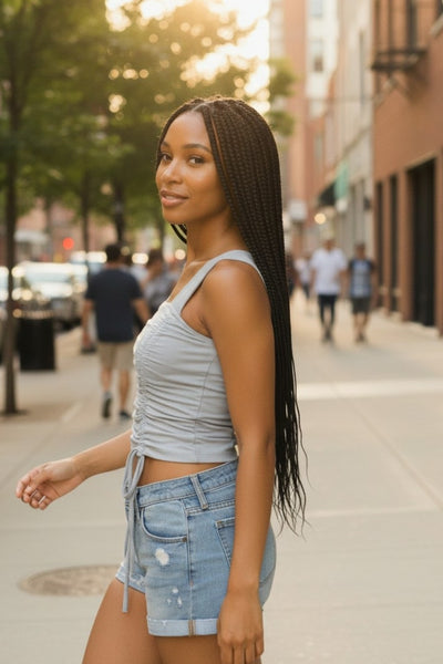 Sleeveless ruched square neck crop top
