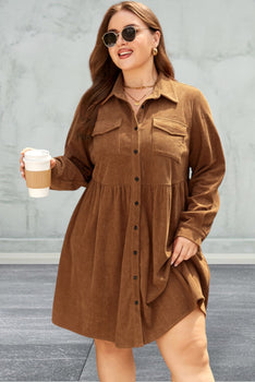 Plus Size Corduroy Full Buttoned Collared Shirt Style Dress