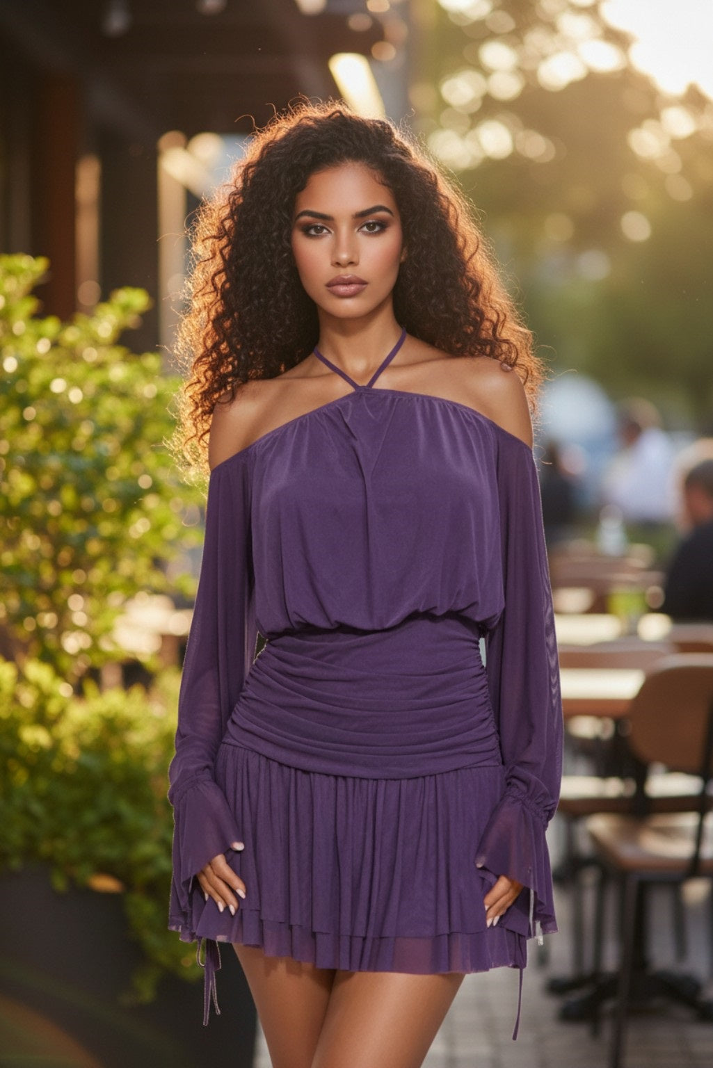 Off The Shoulder Sheer Long Sleeve Mini Dress