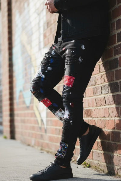 Men's skinny fit patch black jeans