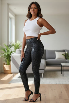 Black shiny leopard textured leggings