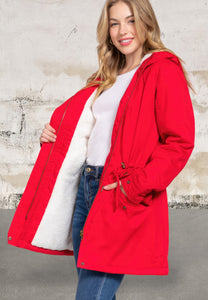 Red Fleece Lined Fur Hoodie  Jacket