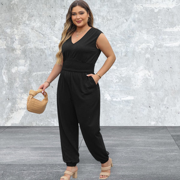 Plus Size Smocked High Waist Sleeveless V Neck Jumpsuit