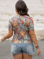 Plus Size Short Sleeve Printed Sweetheart Neck Top