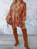 Paisley Print Long Sleeve Belted Mini Dress