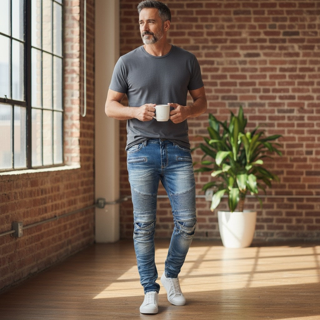 Men Creased Biker Denim Jeans