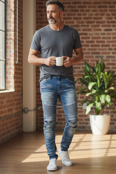 Men Creased Biker Denim Jeans