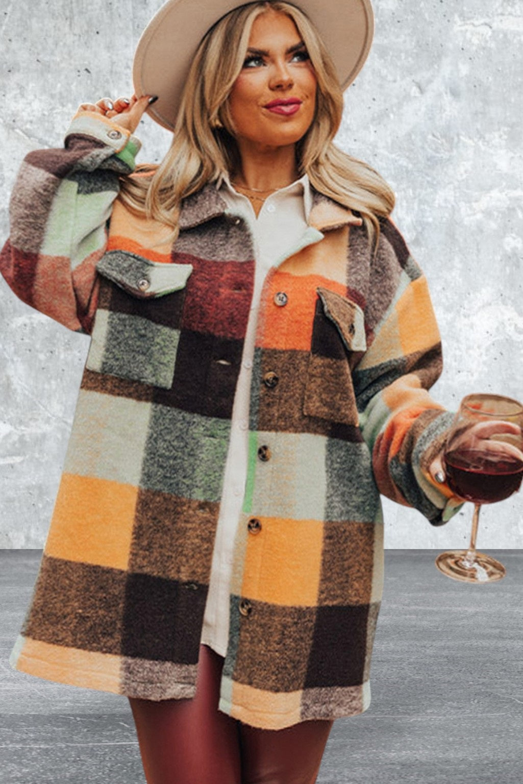 Women's Plaid Print Flap Pocket Long Jacket