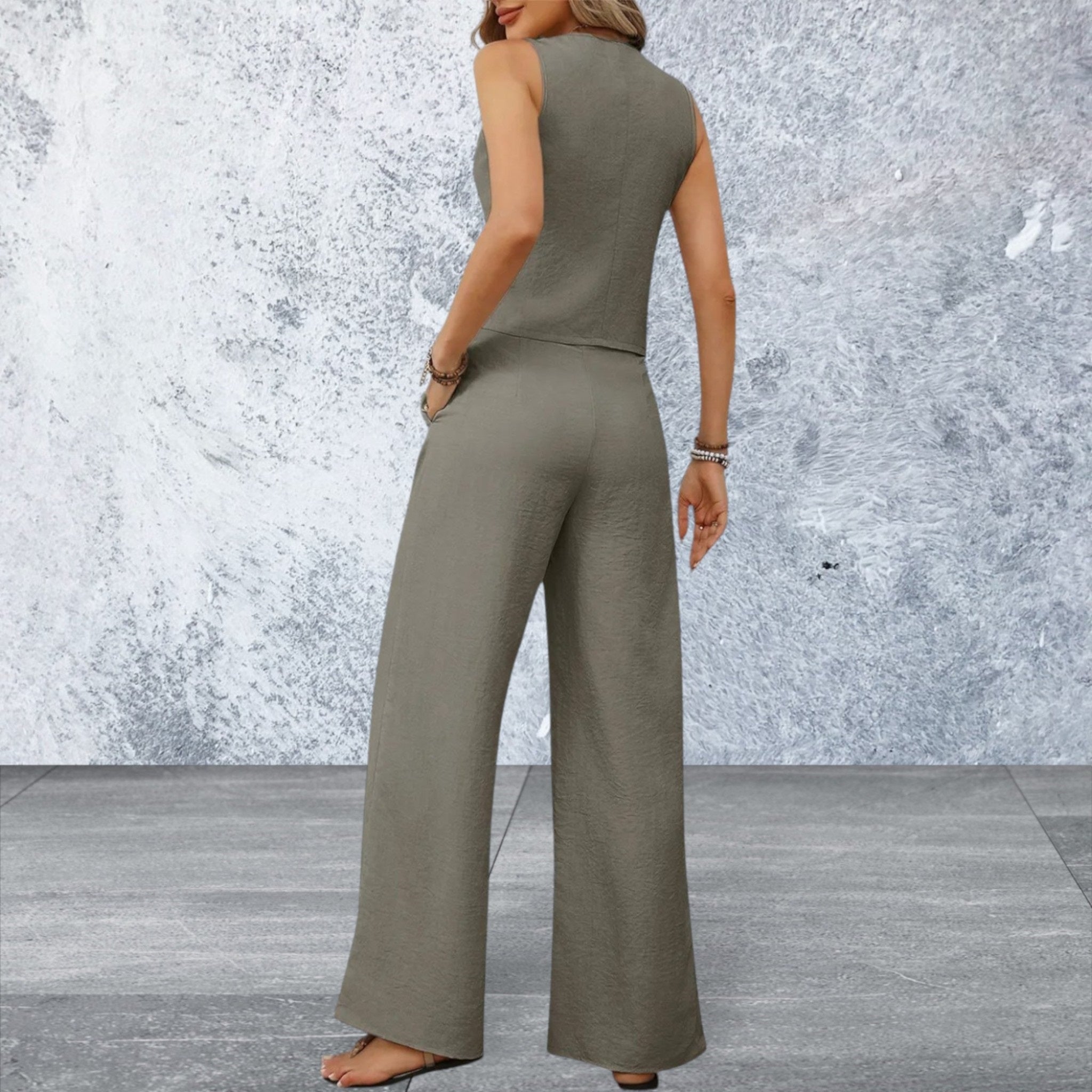 Women's V-Neck Button Down Vest and Wide Leg Pants Set