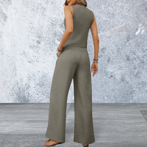 Women's V-Neck Button Down Vest and Wide Leg Pants Set