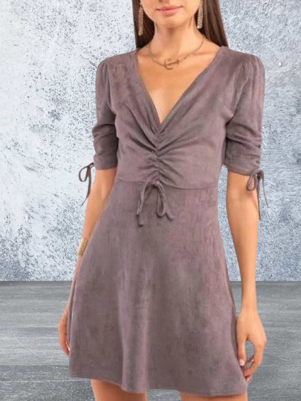 Deep v-neckline self-tie gathered chest detail juniors dress