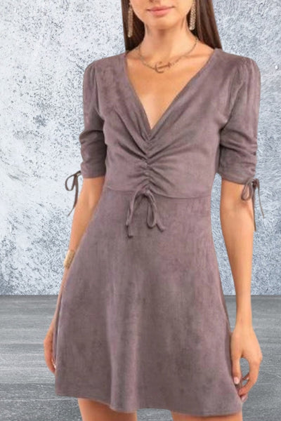 Deep v-neckline self-tie gathered chest detail juniors dress
