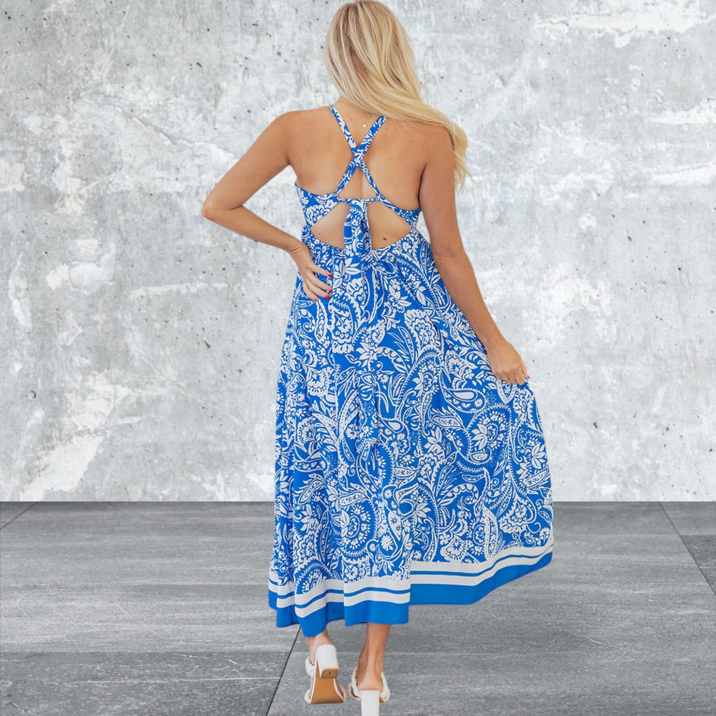 Paisley V Neck Crisscross Backless Maxi Dress