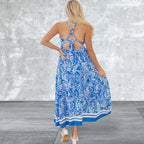 Paisley V Neck Crisscross Backless Maxi Dress