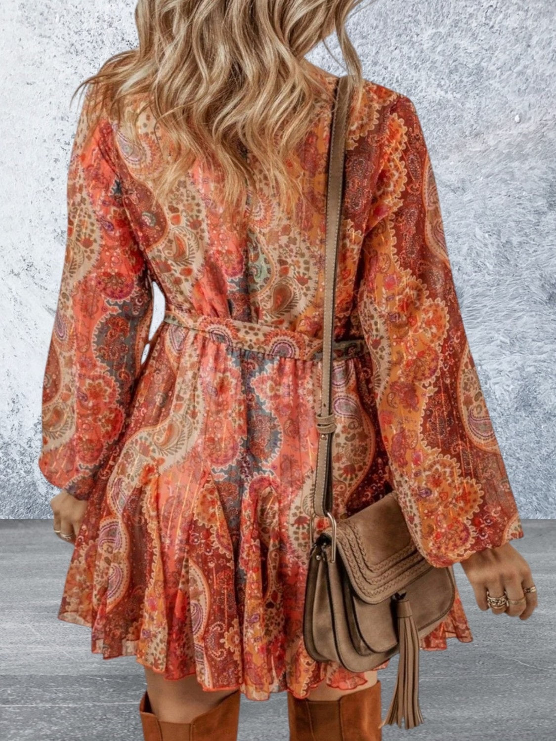 Paisley Print Long Sleeve Belted Mini Dress