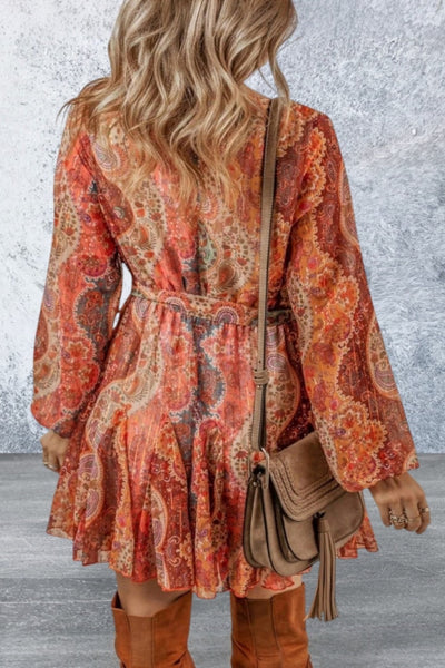 Paisley Print Long Sleeve Belted Mini Dress