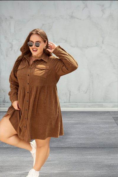 Plus Size Corduroy Full Buttoned Collared Shirt Style Dress