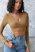 Solid Surplice Neck Long Sleeve Crop Top