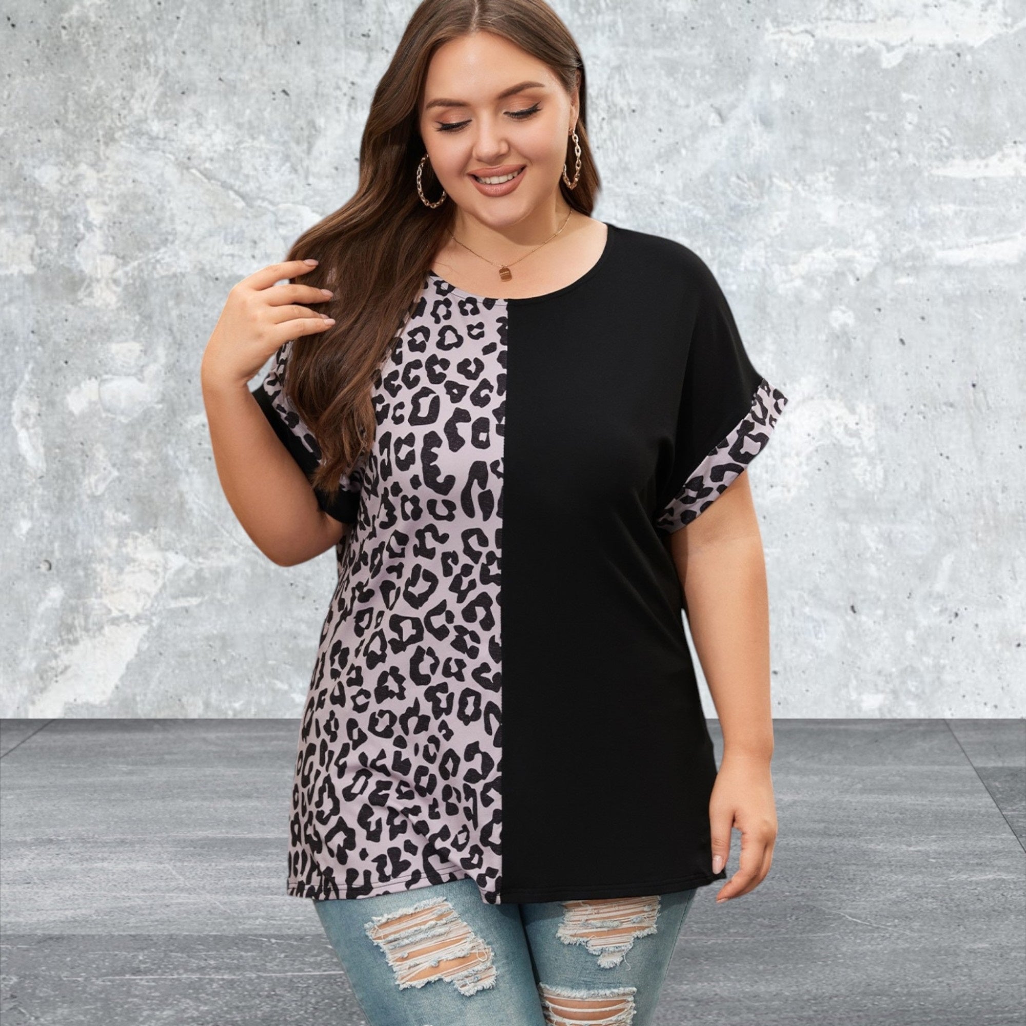 Plus Size Black Half Leopard Patchwork Top