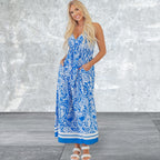 Paisley V Neck Crisscross Backless Maxi Dress