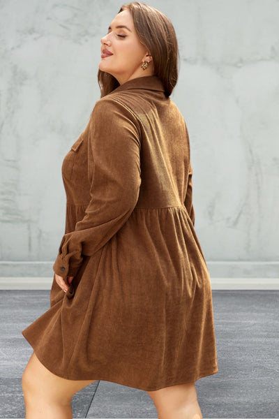 Plus Size Corduroy Full Buttoned Collared Shirt Style Dress