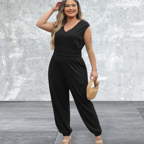 Plus Size Smocked High Waist Sleeveless V Neck Jumpsuit