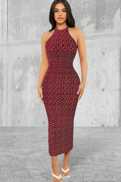 Sleeveless Halter Neck Allover Floral Print Bodycon Dress