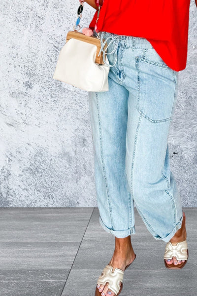 Myosotis Exposed Stitch Detail Drawstring Barrel Jeans
