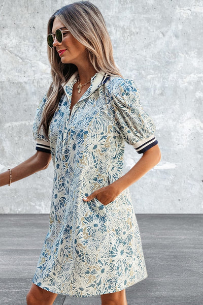 Short Sleeve Floral Print Striped Mini Dress