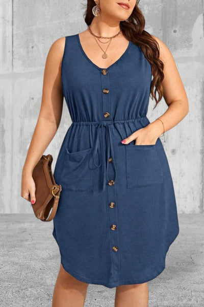 Plus Size Sleeveless Drawstring Waist  Patch Pockets Dress