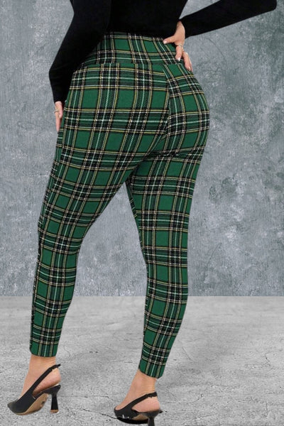 Plus Size Front Button Allover Plaid Print Casual Pants