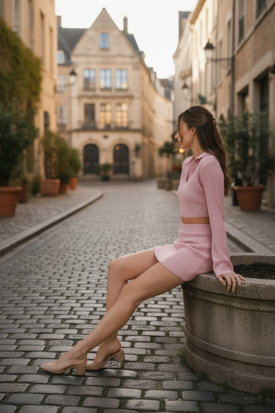 Bell Sleeve Waffle Knit Skirt Set