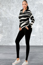 Pullover Collared V-neck Sweater Top And Pant Set