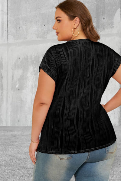Plus Size Short Sleeve Solid Color Wavy Textured Top