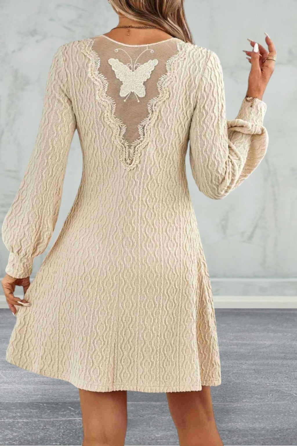 Long Sleeve Lace Detail V-Neck Dress
