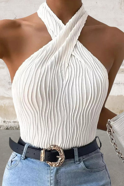Sleeveless Front Criss Cross Textured Halter Neck Top