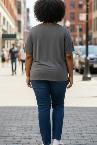 Plus Size Short Sleeve Dark Gray Crisscross V-Neck Top