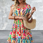 Abstract Print V Neck Dolman Sleeve Ruffle Tiered Mini Dress