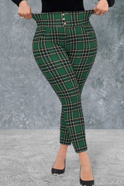 Plus Size Front Button Allover Plaid Print Casual Pants