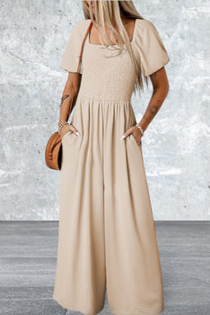 Short Bubble Sleeve Smocked Wide Leg Jumpsuit