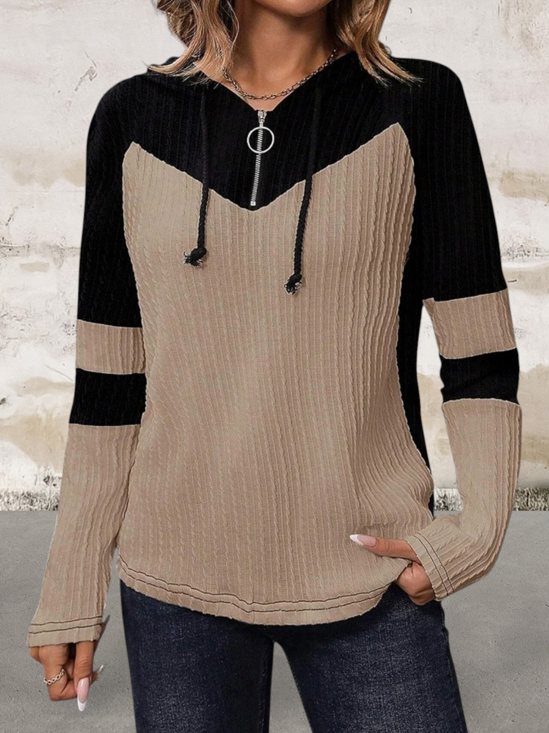 Long Sleeve Drawstring Hooded Top